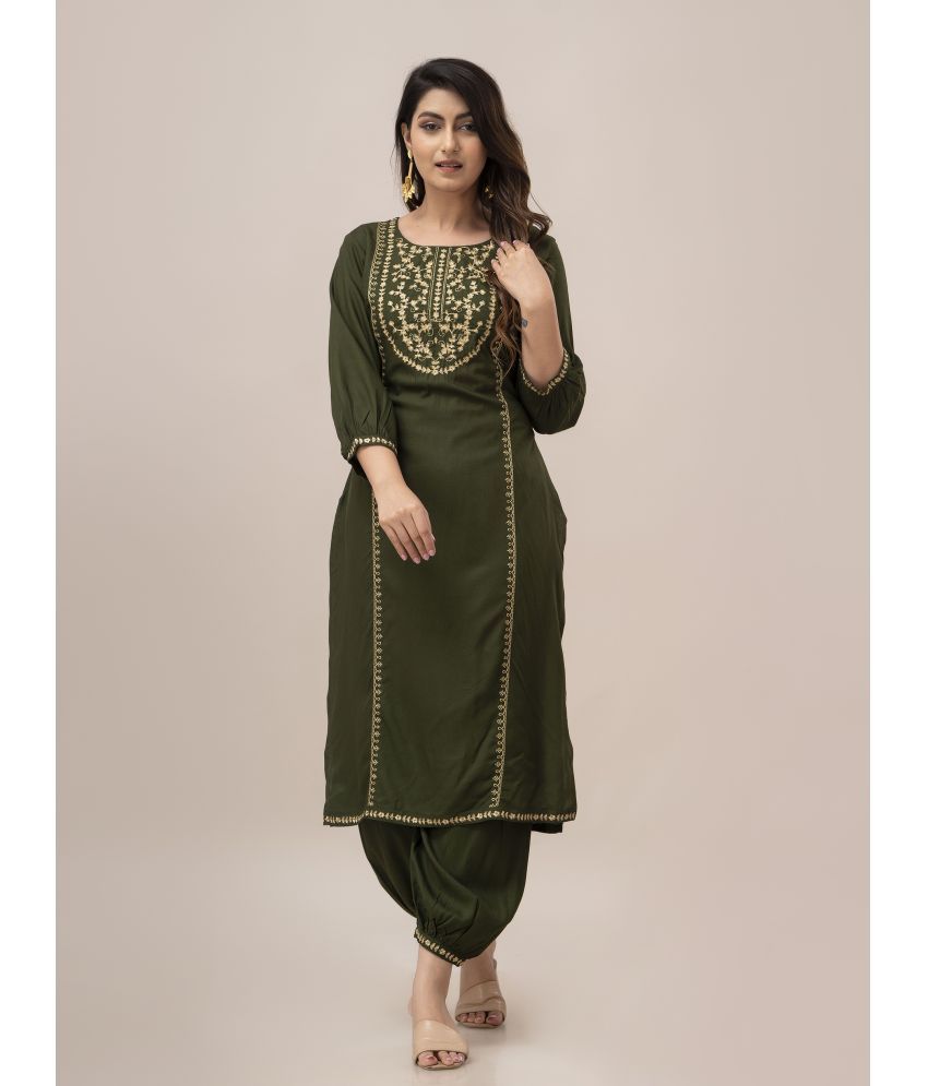     			Frionkandy Rayon Embellished Kurti With Patiala Women's Stitched Salwar Suit - Green ( Pack of 1 )