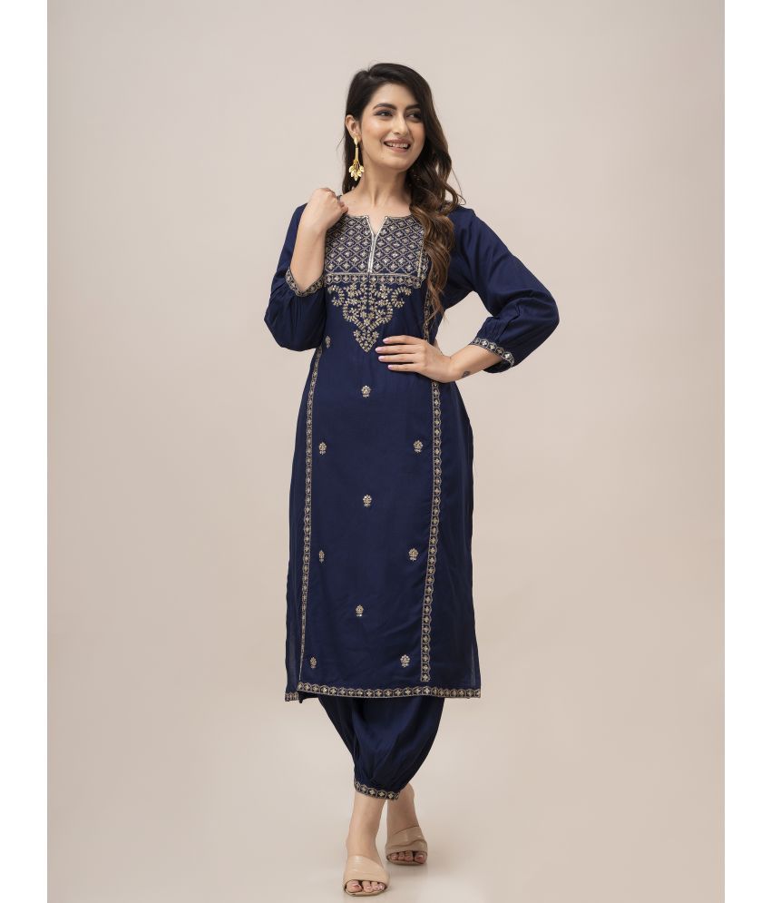     			Frionkandy Rayon Embroidered Kurti With Salwar Women's Stitched Salwar Suit - Blue ( Pack of 1 )