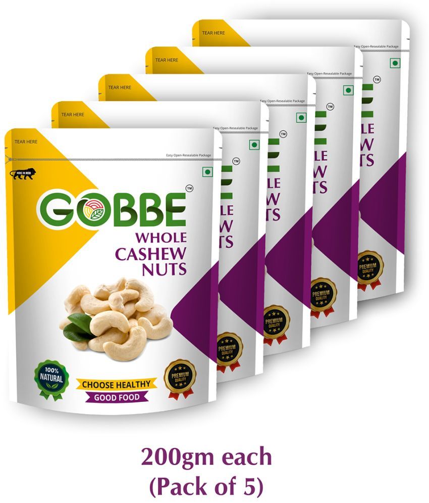     			GOBBE Premium Whole Cashew Nuts | Nutritious & Delicious Kaju | Gluten Free, Low Calorie & High Protein Nuts -1Kg (Pack of 5) (200 * 5)