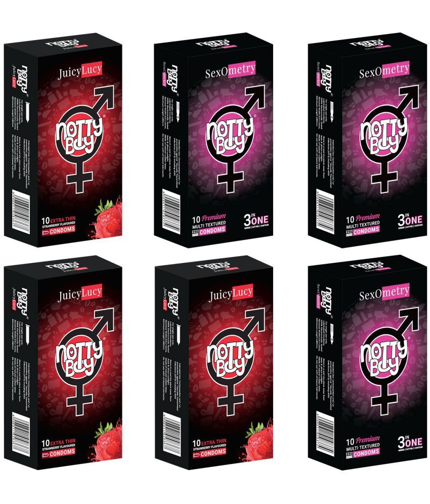     			NottyBoy 3 IN 1, Dotted, Ribbed, Contour, Ultra Thin & Strawberry Flavoured Condoms For Men - 60 Units