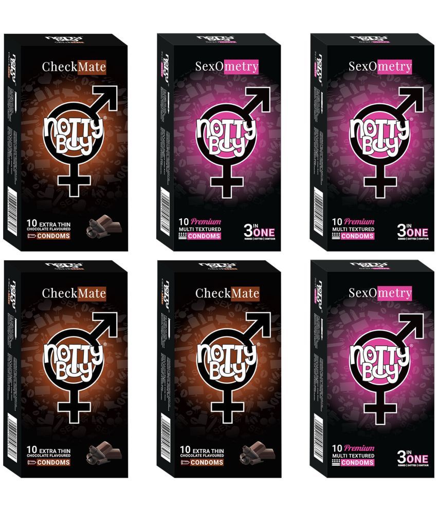     			NottyBoy Chocolate Flavour and 3 IN 1, Dotted, Ribbed, Contour, Ultra Thin Condoms For Men - 60 Units