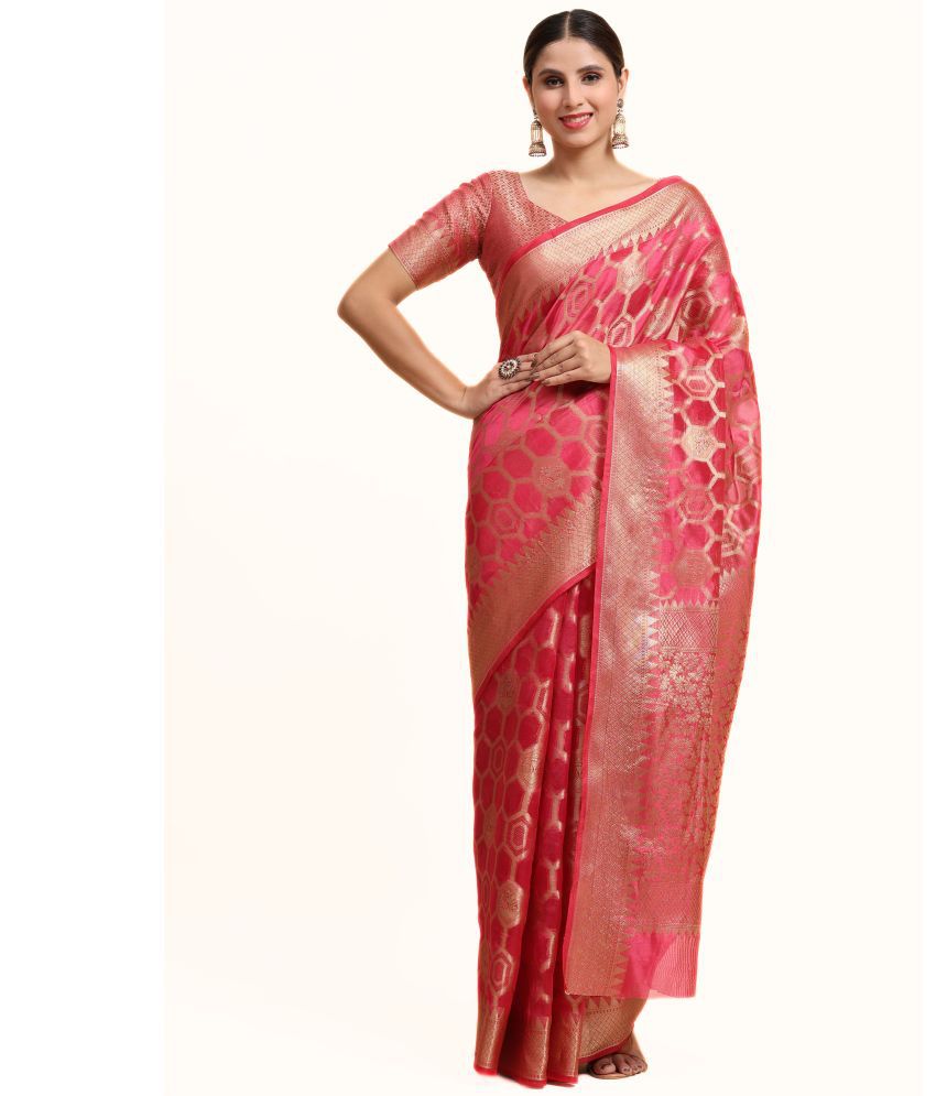     			Surat Textile Co Organza Woven Saree With Blouse Piece - Coral ( Pack of 1 )