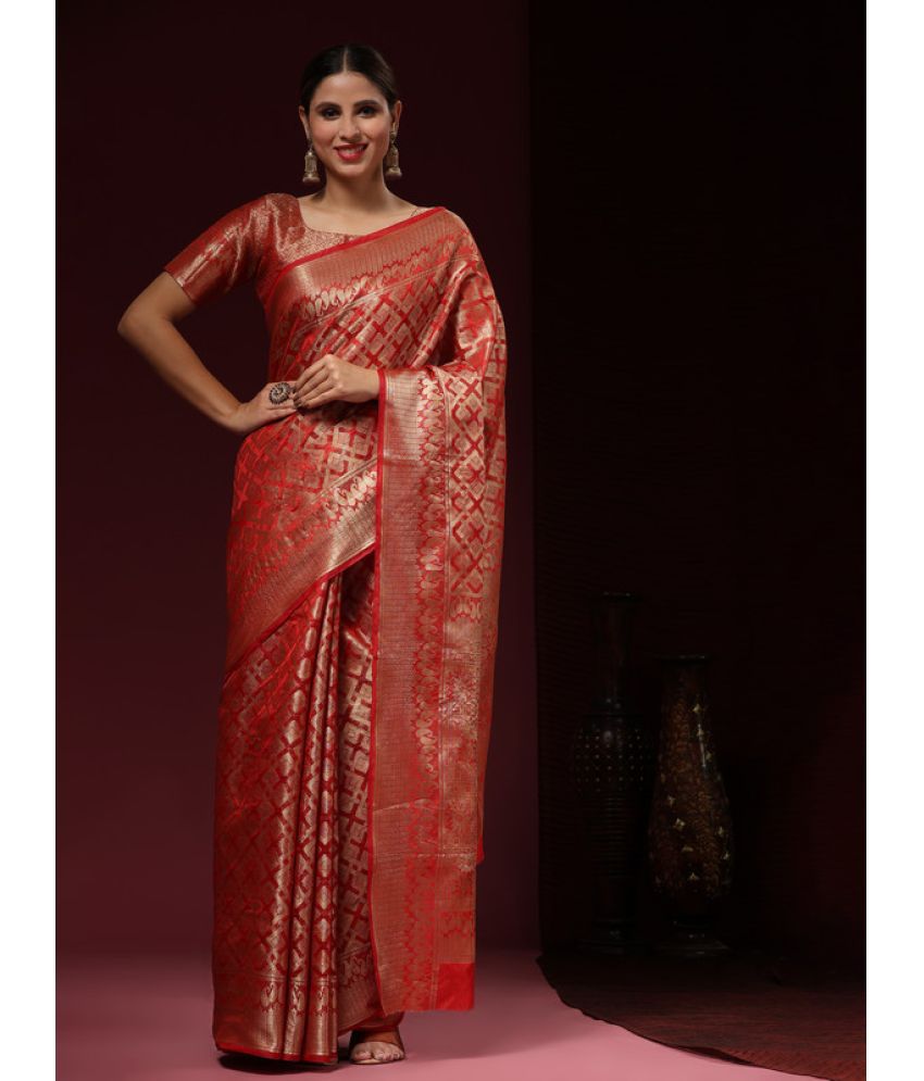     			Surat Textile Co Organza Woven Saree With Blouse Piece - Red ( Pack of 1 )
