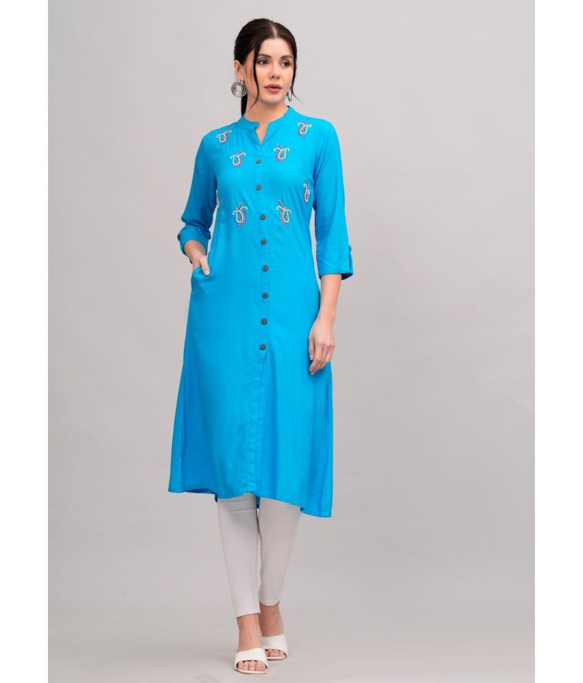     			MAUKA Rayon Embellished Front Slit Women's Kurti - Light Blue ( Pack of 1 )