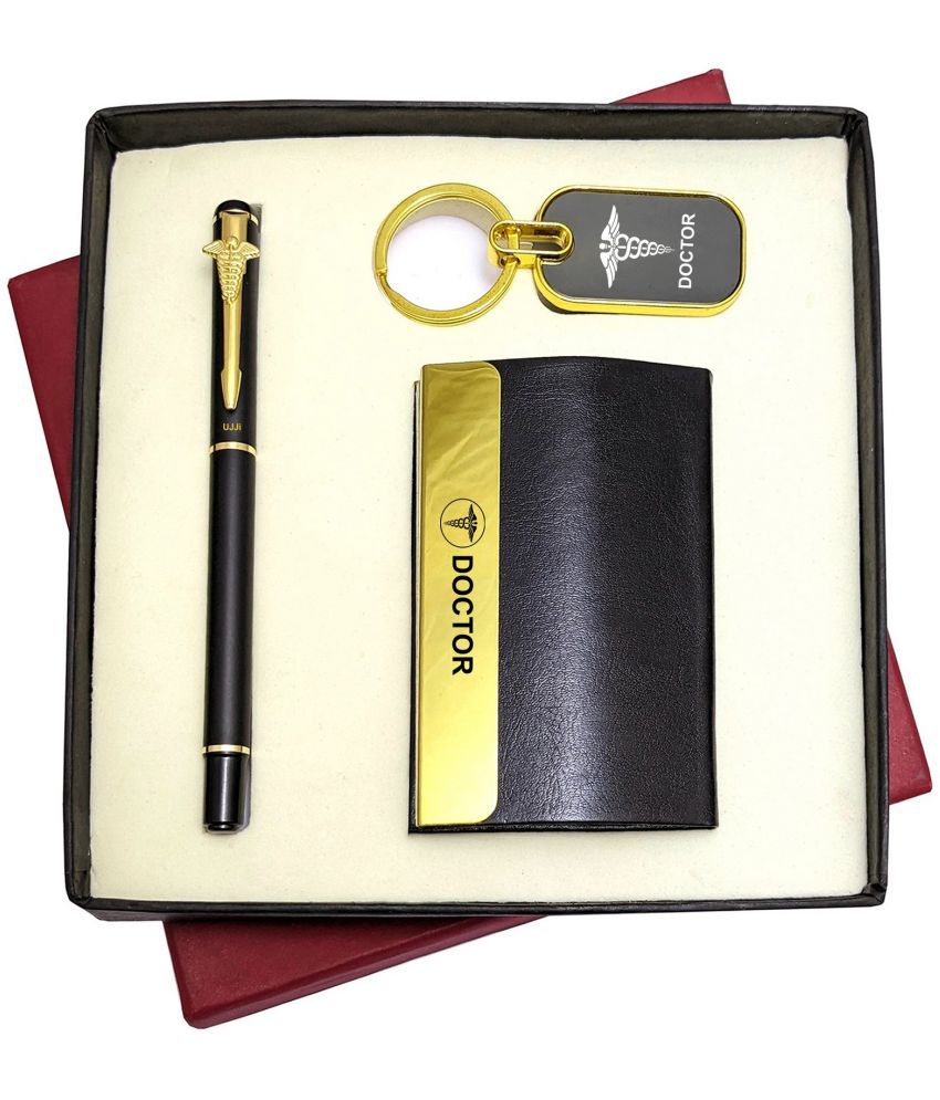     			UJJi Doctors Gifts 3in1 Golden Part Black Body Pen, Keychain and ATM Card Holder