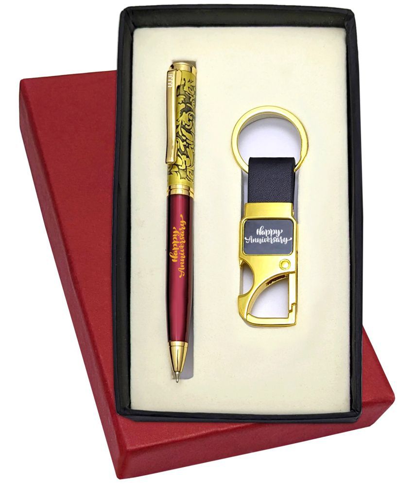     			UJJi Happy Anniversary Printed Antique Design Maroon Color Brass Body Pen &  Key Ring