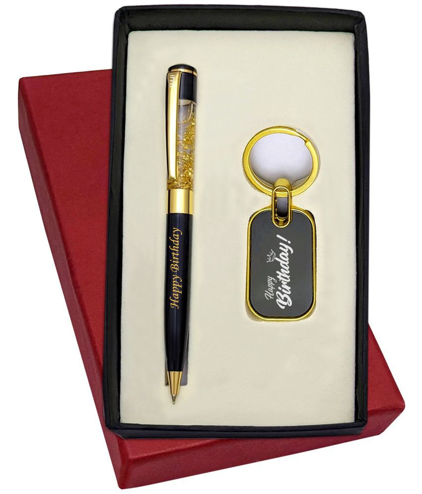     			UJJi Happy Birthday Printed Golden Gel Filled Brass Body Ball Pen & Metal Keychain