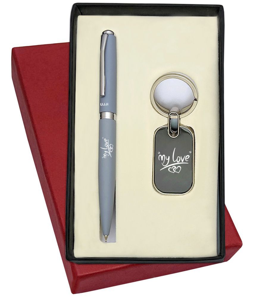     			UJJi My Love Engraved 2in1 Set in Matte Finish Grey Body Ballpen and Keychain