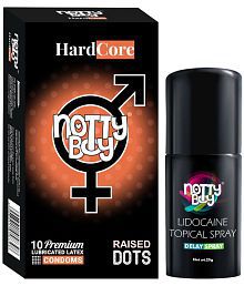 NottyBoy Long Last  Delay Spray For Men 20g, Raised Dots Condoms - Pack of 2