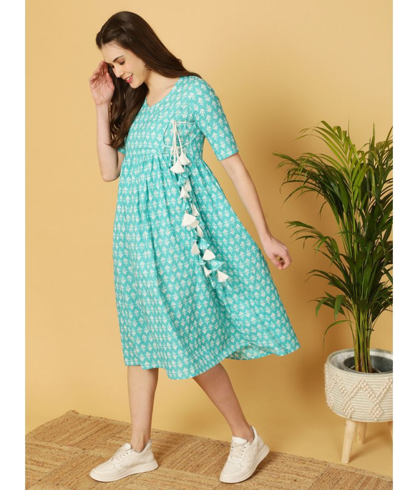     			Antaran Cotton Printed Ankle Length Women's Fit & Flare Dress - Sea Green ( Pack of 1 )