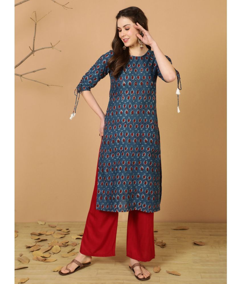     			Antaran Cotton Printed Straight Women's Kurti - Blue ( Pack of 1 )