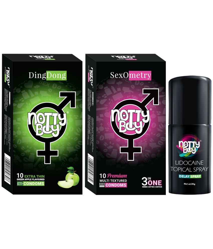     			NottyBoy OverTime Non-Transferable Spray 20gm with 3IN1 Ribs, Dots, Contour and Fruit Flavour Condoms (Pack of 2, 20Pcs)