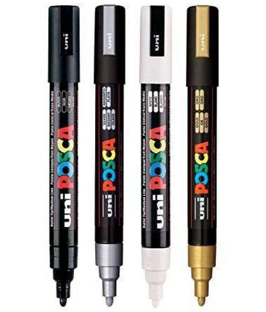     			uni-ball Posca 5M 1.8-2.5mm Bullet Shaped Markers, Black, White, Silver & Golden, Pack of 4