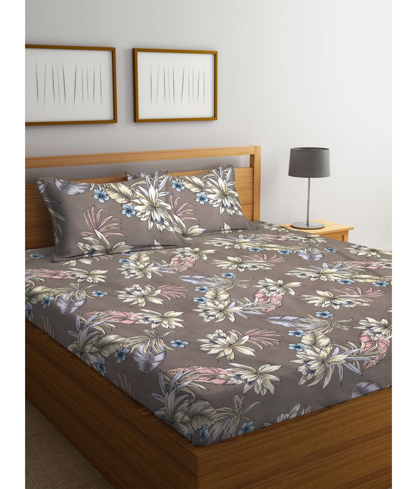     			Klotthe Poly Cotton Floral Printed 1 Double Bedsheet with 2 Pillow Covers - Brown