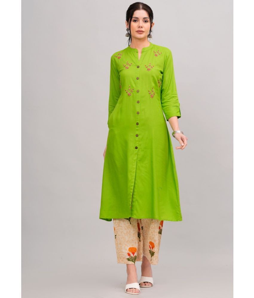     			MAUKA Rayon Embroidered Kurti With Palazzo Women's Stitched Salwar Suit - Green ( Pack of 1 )