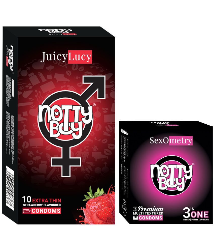     			NottyBoy Juicy Strawberry Flavoured and 3-In-One Ribbed Dotted Contour Condoms - (Set of 2, 13 Pieces)