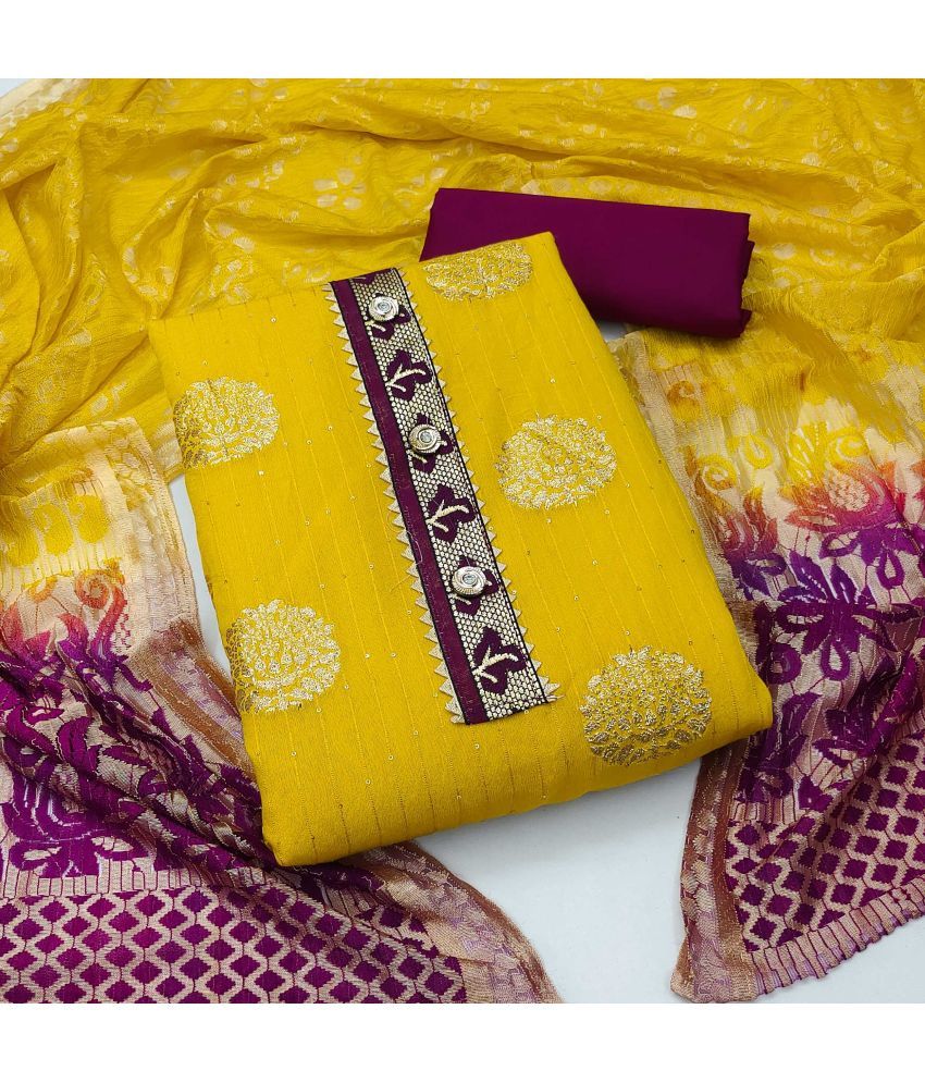     			pandadi saree Unstitched Banarasi Embroidered Dress Material - Yellow ( Pack of 1 )