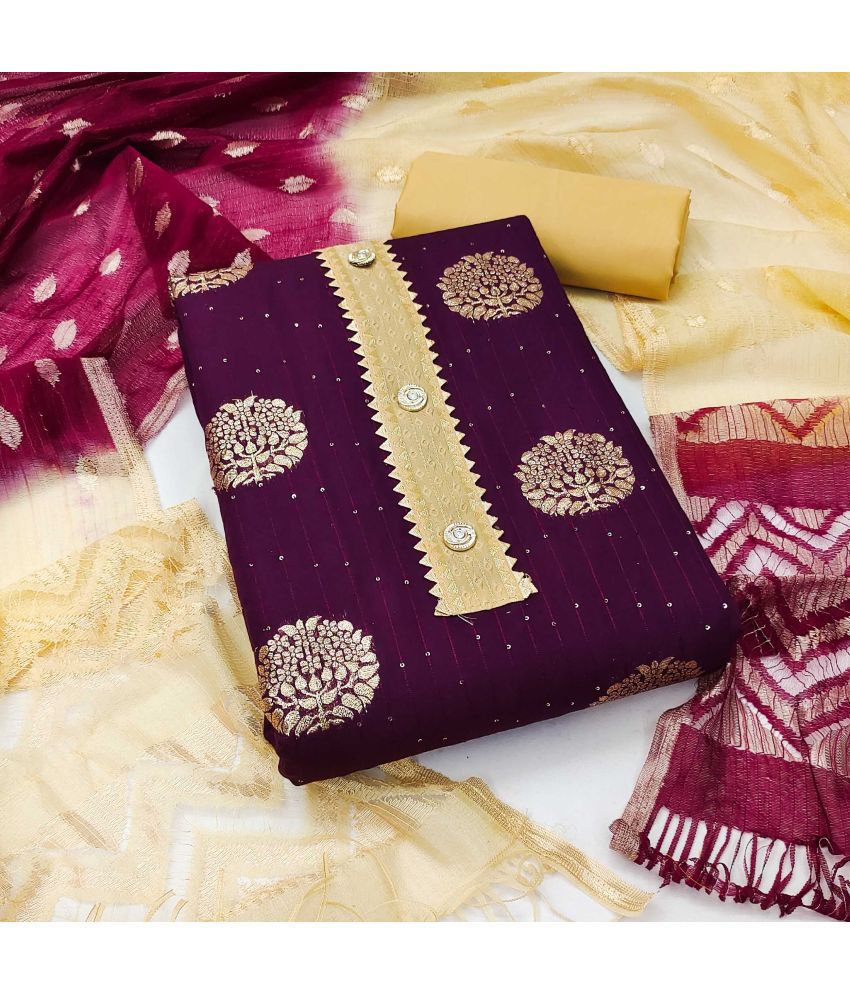     			pandadi saree Unstitched Banarasi Embroidered Dress Material - Purple ( Pack of 1 )