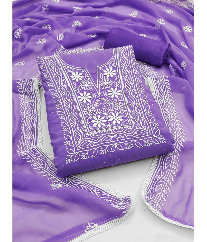     			pandadi saree Unstitched Georgette Embroidered Dress Material - Purple ( Pack of 1 )