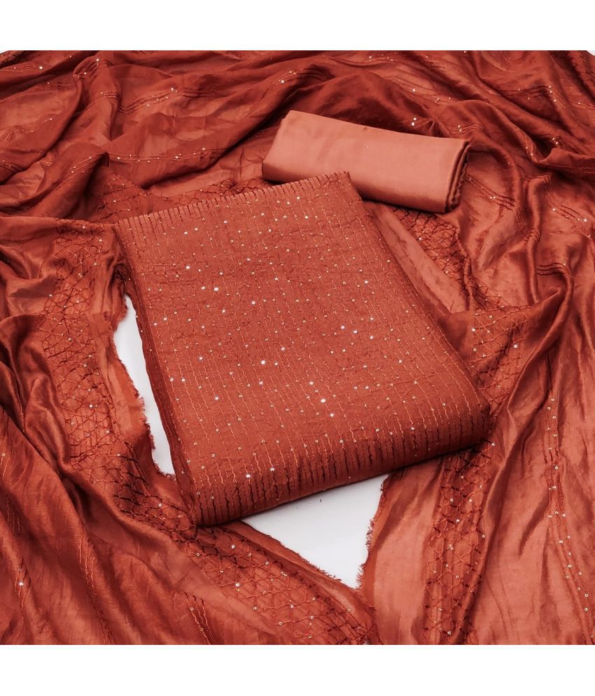     			Apnisha Unstitched Chanderi Embellished Dress Material - Orange ( Pack of 1 )