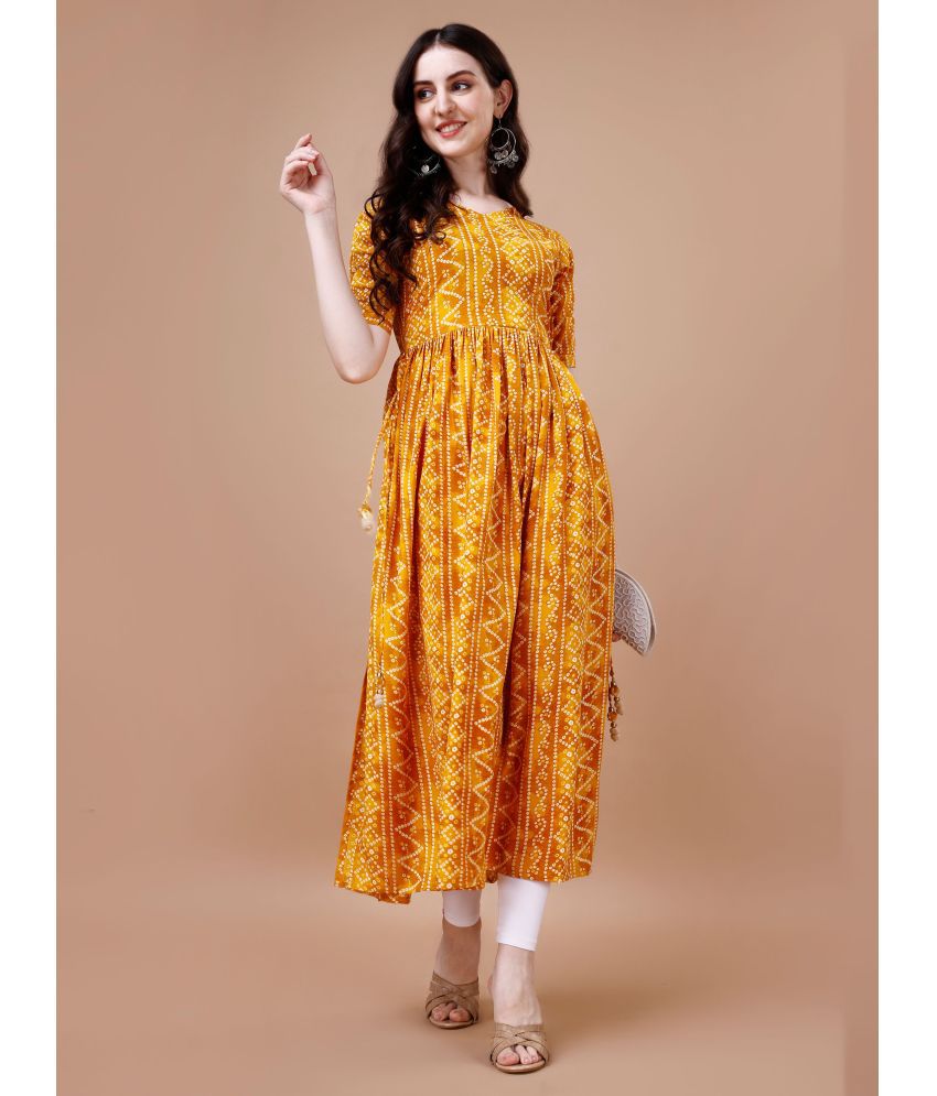     			Glomee Rayon Printed Nayra Women's Kurti - Yellow ( Pack of 1 )