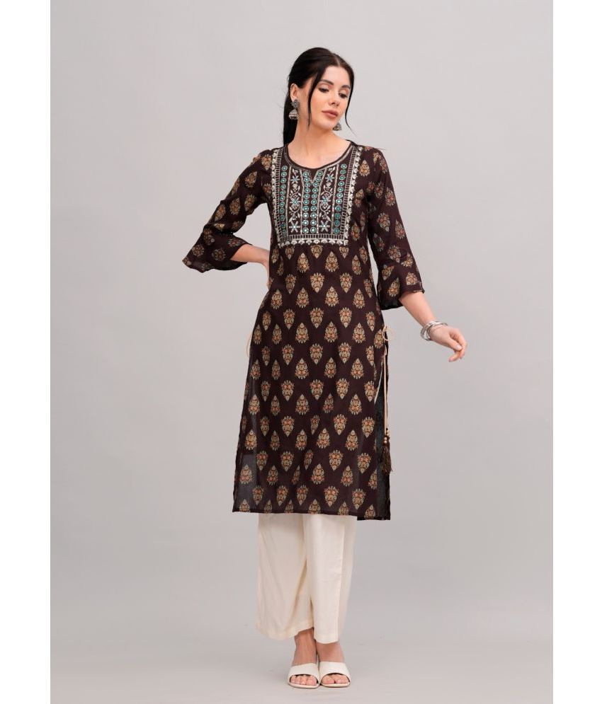     			MAUKA Rayon Printed Kurti With Palazzo Women's Stitched Salwar Suit - Brown ( Pack of 1 )