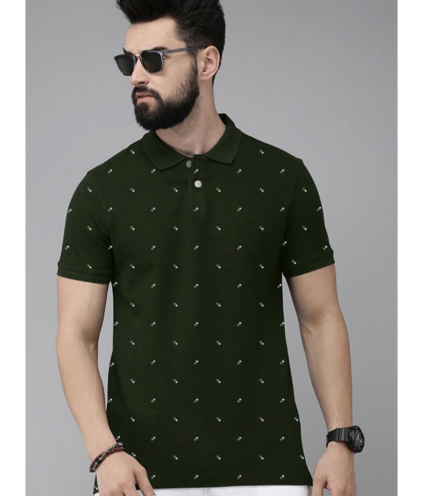     			Merriment Cotton Blend Regular Fit Printed Half Sleeves Men's Polo T Shirt - Olive Green ( Pack of 1 )