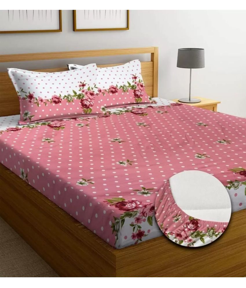     			Shaphio Microfibre Floral Printed Fitted 1 Bedsheet with 2 Pillow Covers ( Queen Size ) - Baby Pink