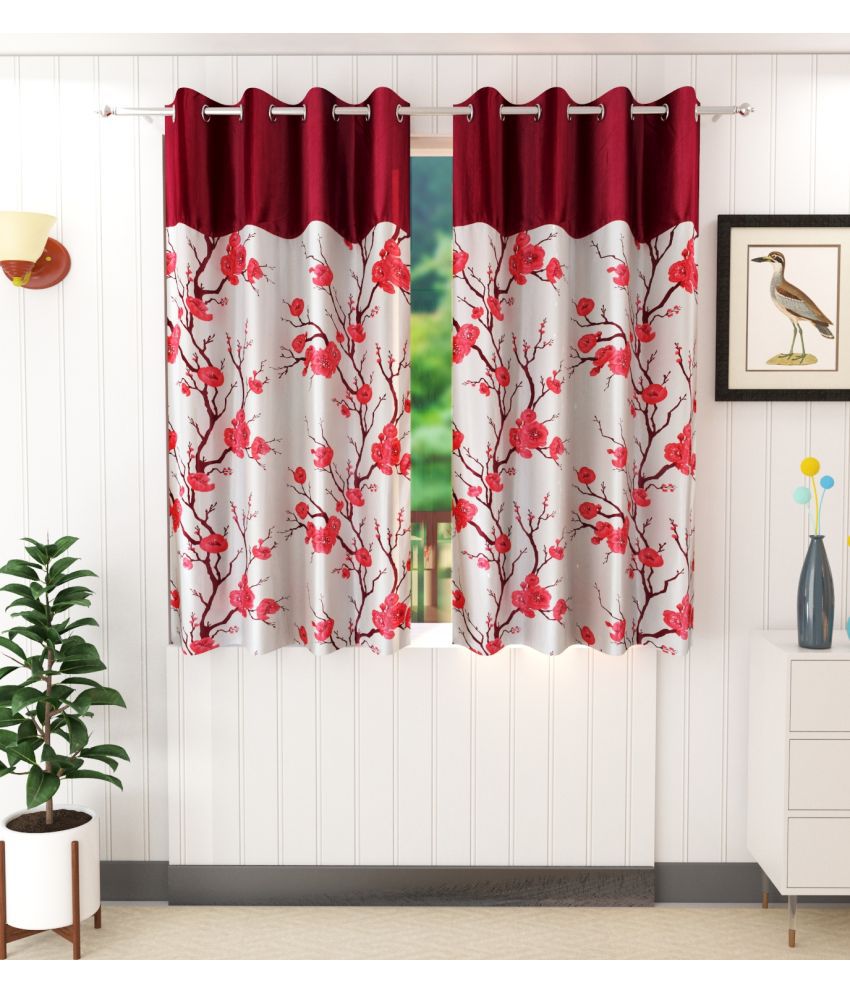     			Stella Creations Floral Room Darkening Eyelet Curtain 5 ft ( Pack of 2 ) - Maroon