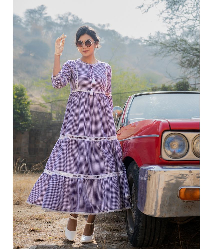     			Yufta Cotton Checks Ankle Length Women's Fit & Flare Dress - Purple ( Pack of 1 )