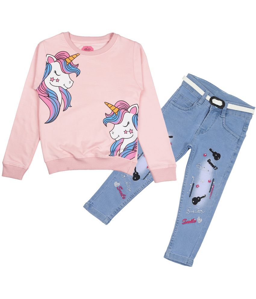     			Arshia Fashions Pink Denim Girls Sweatshirt With Jeans ( Pack of 1 )