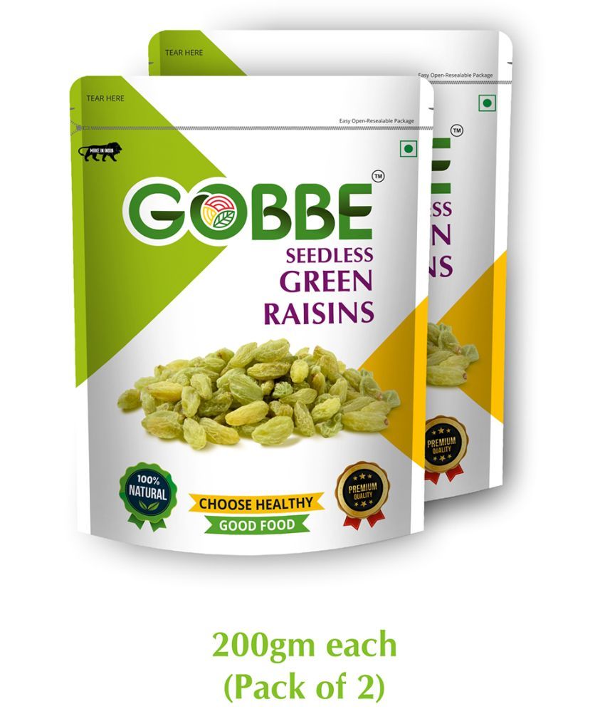     			GOBBE Premium Green Raisins | Dry Fruits | Seedless Green Kishmish | Healthy and Tasty Snacks - 400gm (200*2) (Pack of 2)