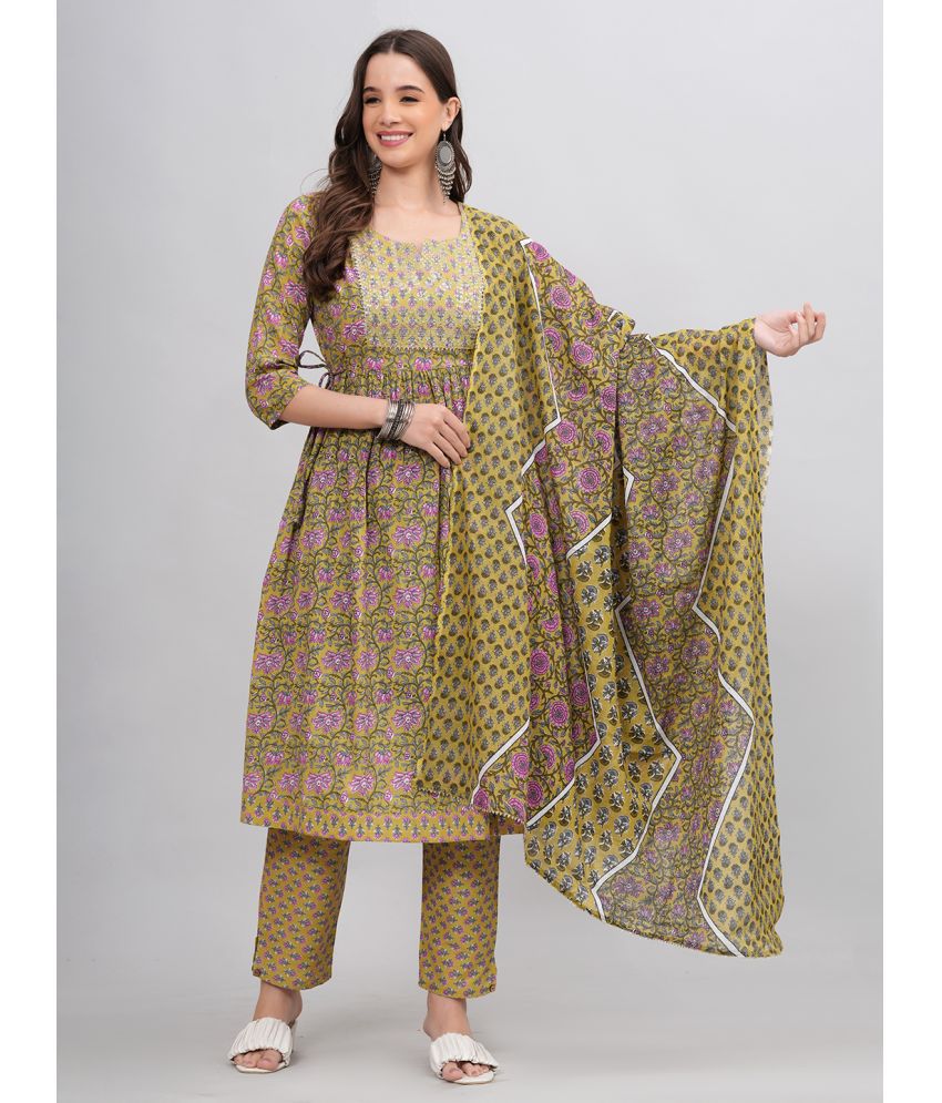     			HIGHLIGHT FASHION EXPORT Cotton Printed Kurti With Pants Women's Stitched Salwar Suit - Green ( Pack of 1 )
