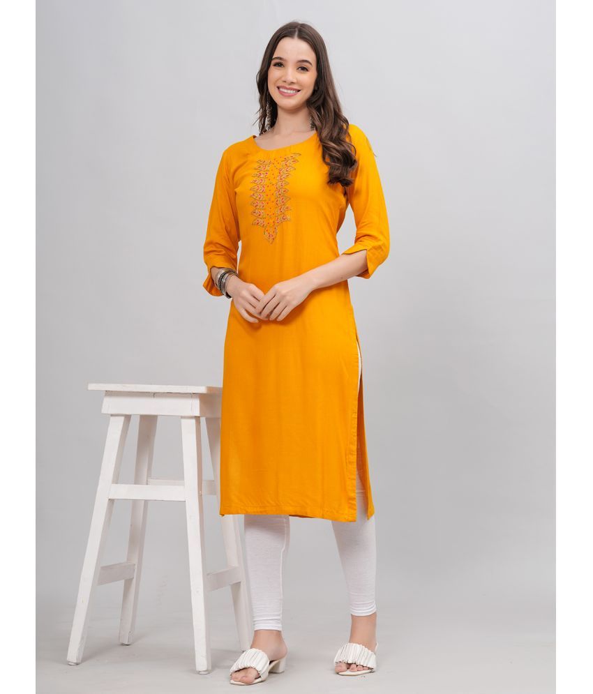     			HIGHLIGHT FASHION EXPORT Rayon Solid Straight Women's Kurti - Mustard ( Pack of 1 )