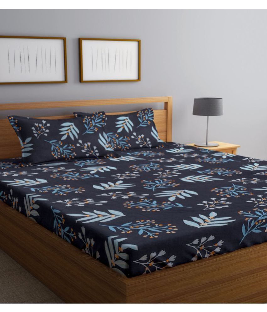     			Klotthe Poly Cotton Floral 1 Double King Size Bedsheet with 2 Pillow Covers - Dark Blue