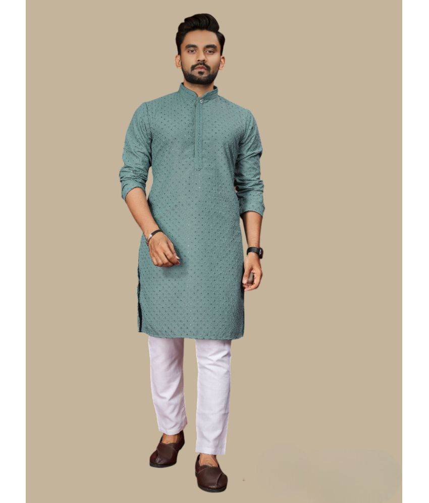     			YUG ART Sea Green Cotton Regular Fit Men's Kurta Pyjama Set ( Pack of 1 )