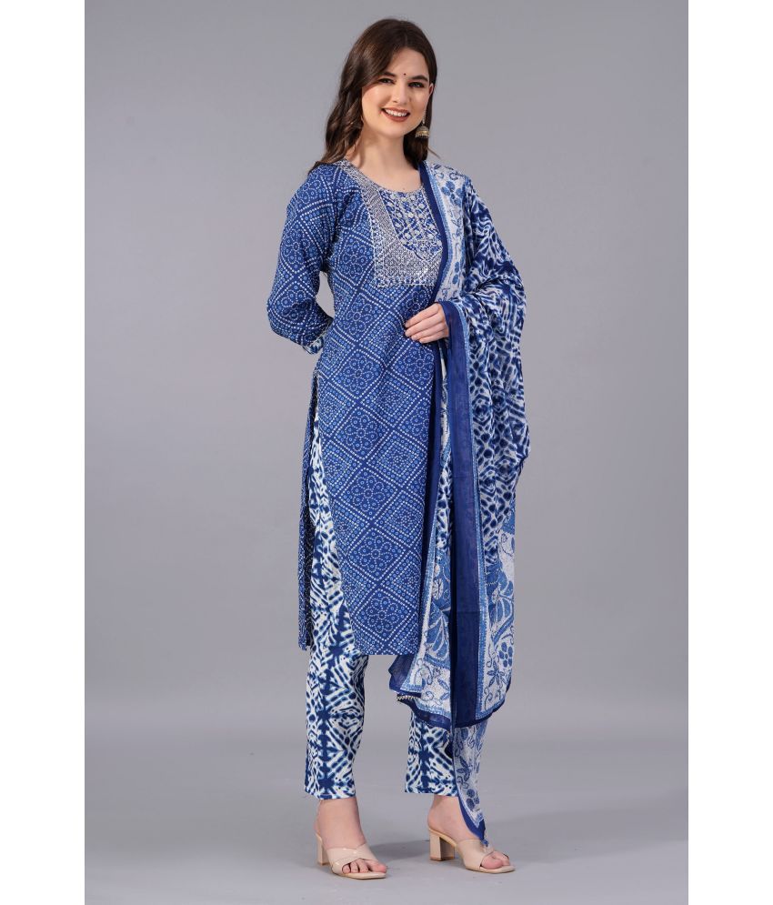    			AAYUFAB Cotton Printed Kurti With Pants Women's Stitched Salwar Suit - Blue ( Pack of 1 )