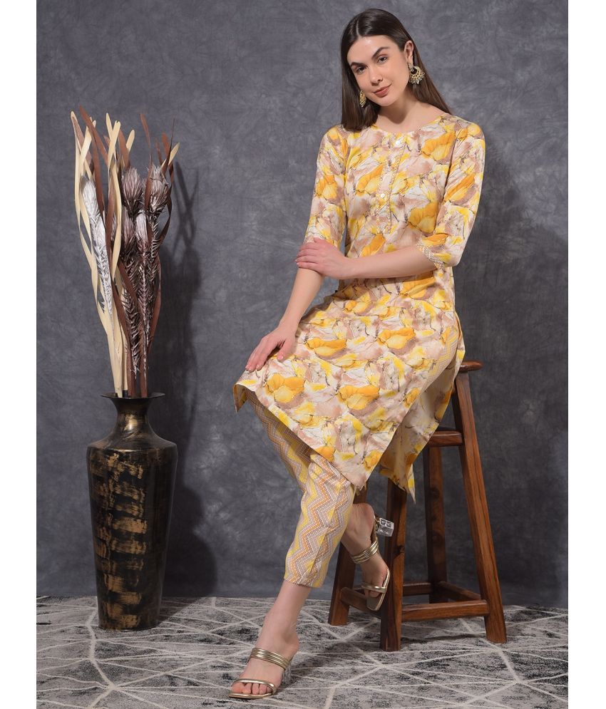     			Mamoose Cotton Blend Self Design Kurti With Pants Women's Stitched Salwar Suit - Yellow ( Pack of 1 )