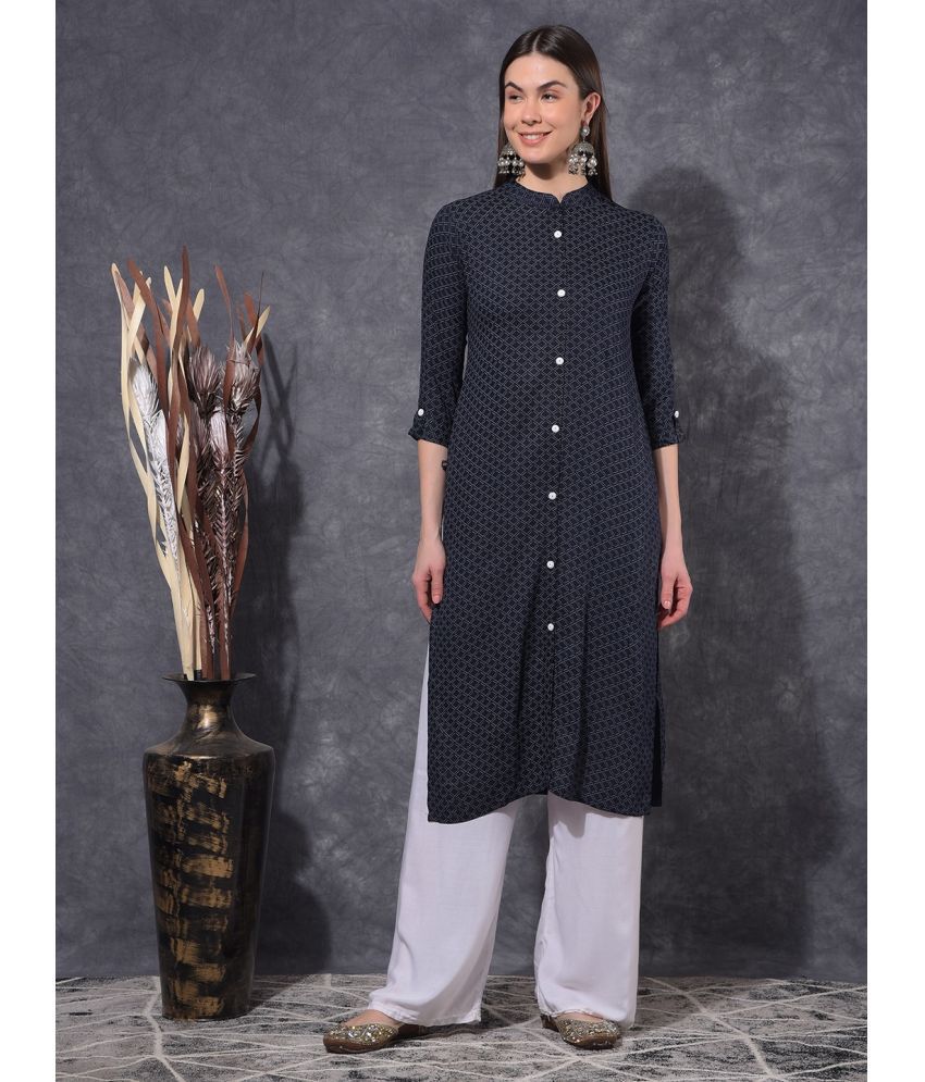     			Mamoose Cotton Blend Self Design Straight Women's Kurti - Navy ( Pack of 1 )
