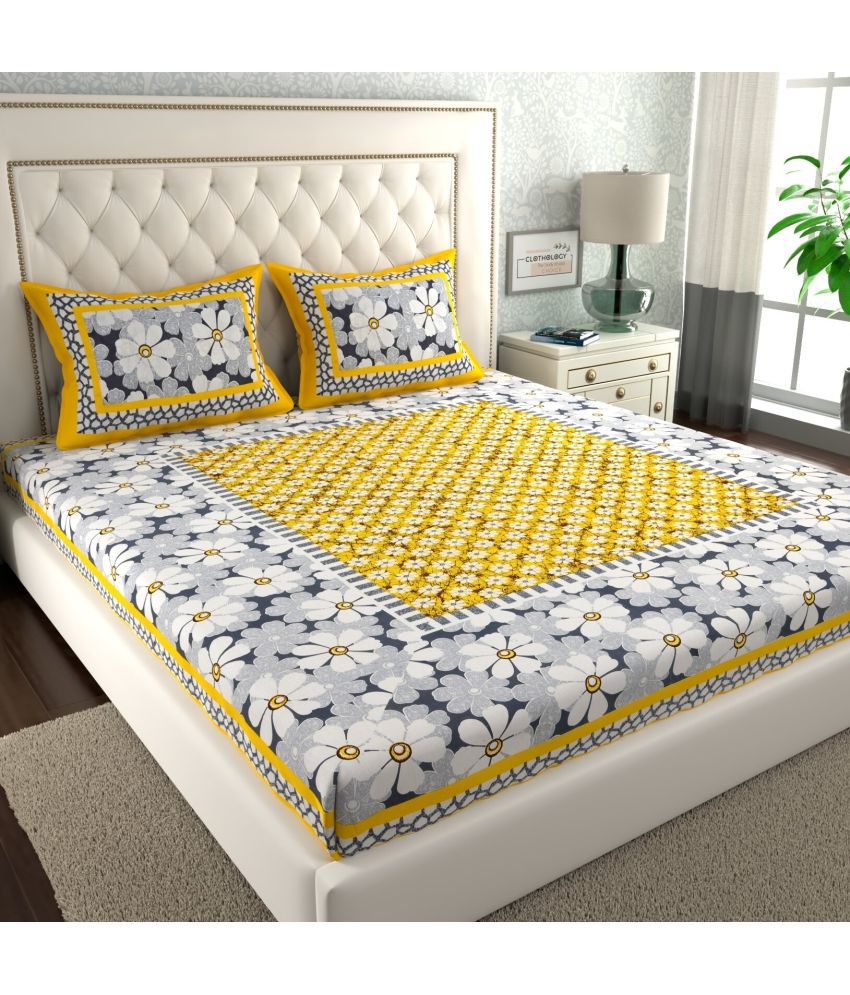     			CLOTHOLOGY Cotton Ethnic 1 Double Bedsheet with 2 Pillow Covers - Yellow