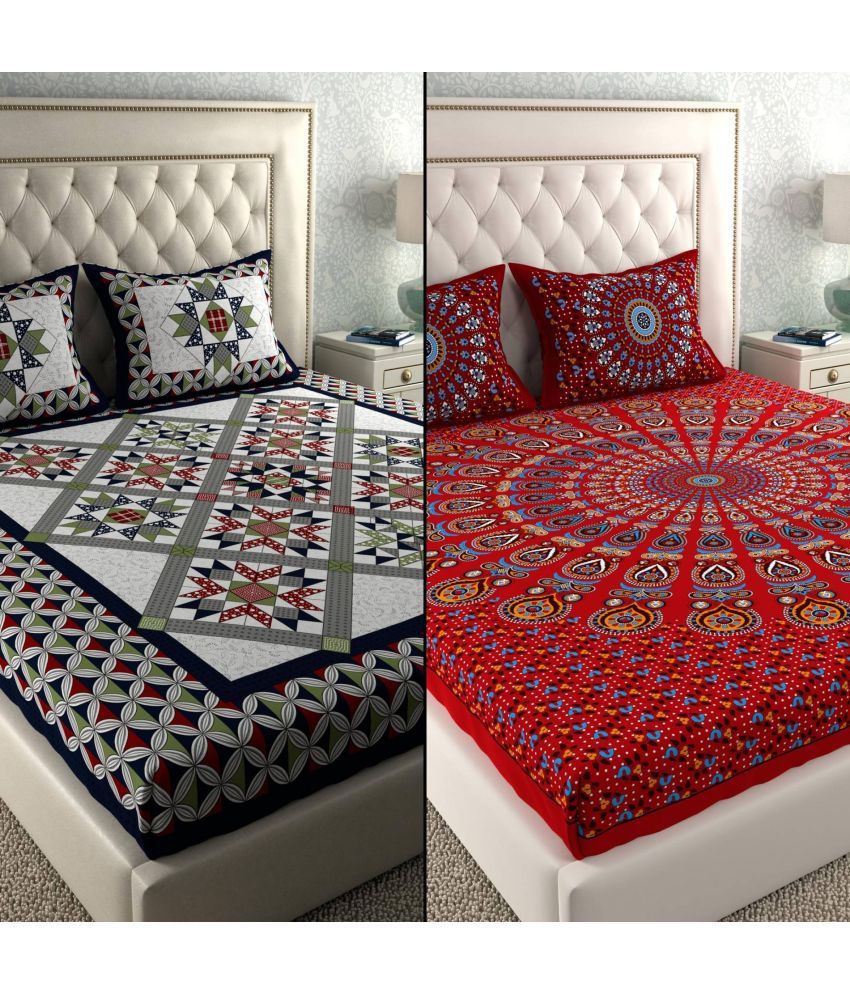     			CLOTHOLOGY Cotton Ethnic 2 Double Bedsheet with 4 Pillow Covers - Red