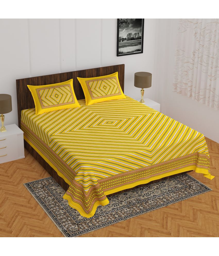     			CLOTHOLOGY Cotton Geometric 1 Double Bedsheet with 2 Pillow Covers - Yellow