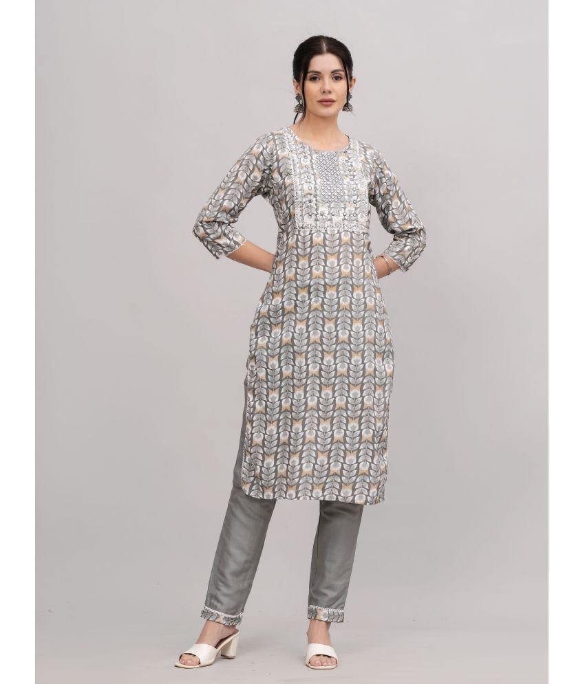     			AAYUFAB Rayon Printed Kurti With Pants Women's Stitched Salwar Suit - Grey ( Pack of 1 )