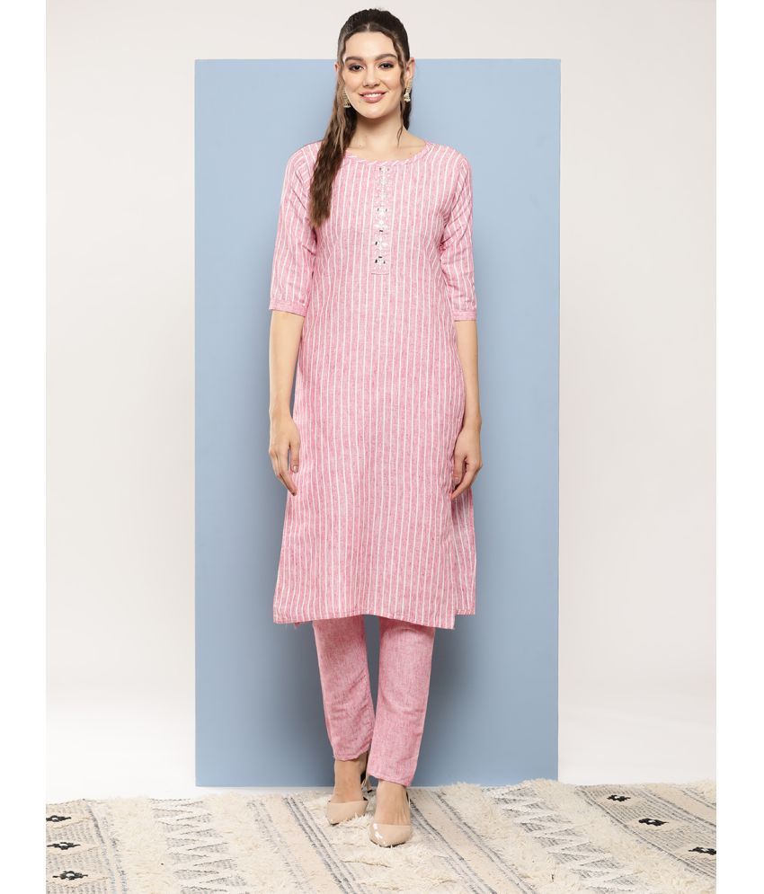     			Aarika Cotton Striped Kurti With Pants Women's Stitched Salwar Suit - Peach ( Pack of 1 )