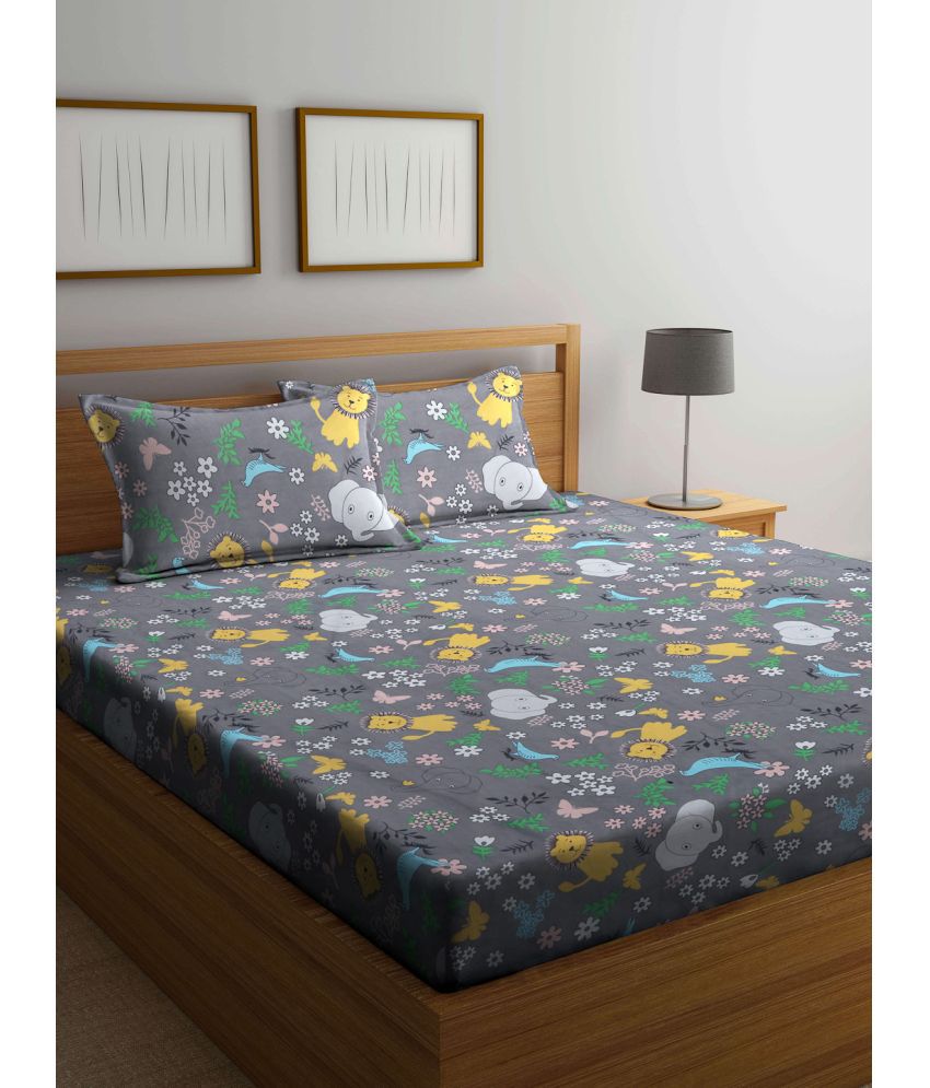     			FABINALIV Poly Cotton Animal 1 Double Bedsheet with 2 Pillow Covers - Grey