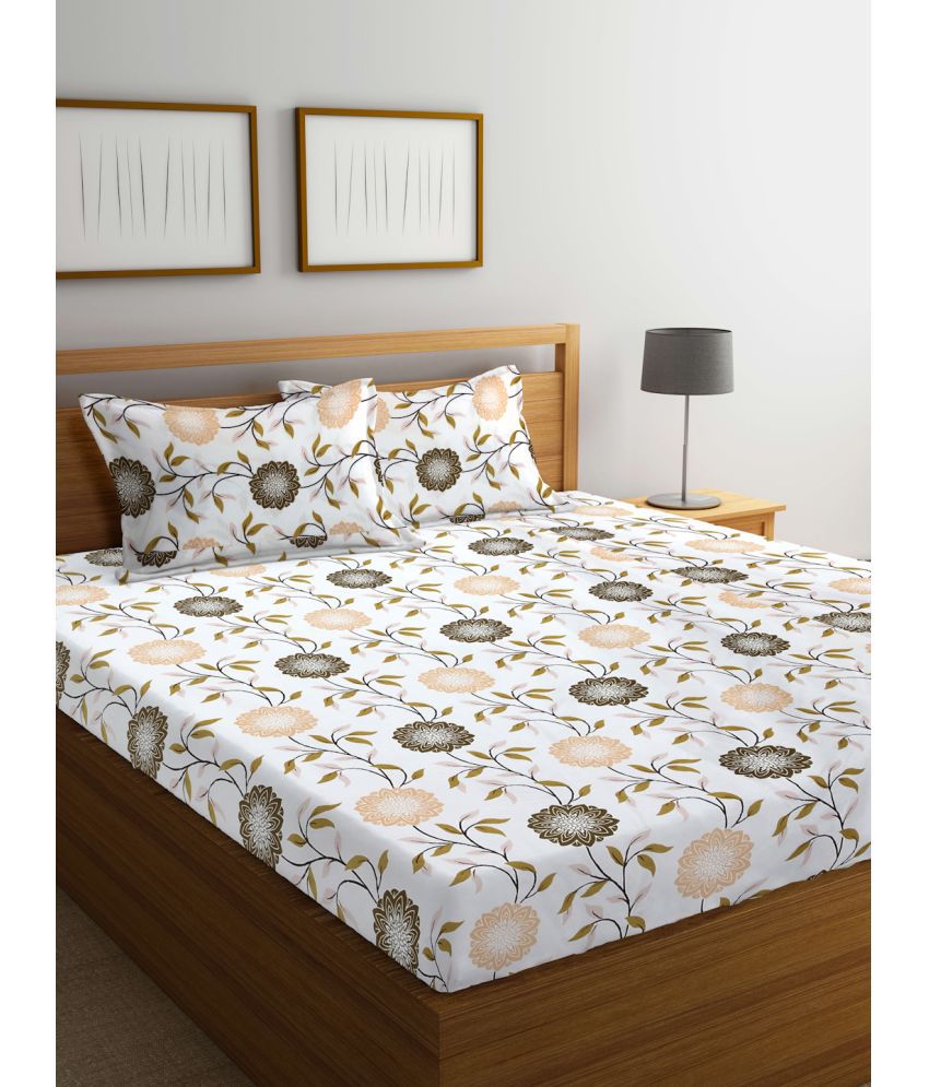     			FABINALIV Poly Cotton Floral 1 Double Bedsheet with 2 Pillow Covers - White