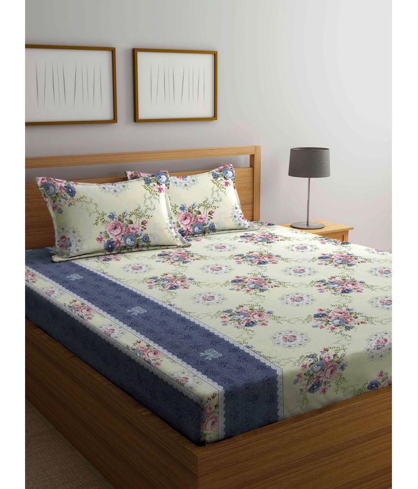     			FABINALIV Poly Cotton Floral 1 Double Bedsheet with 2 Pillow Covers - Cream