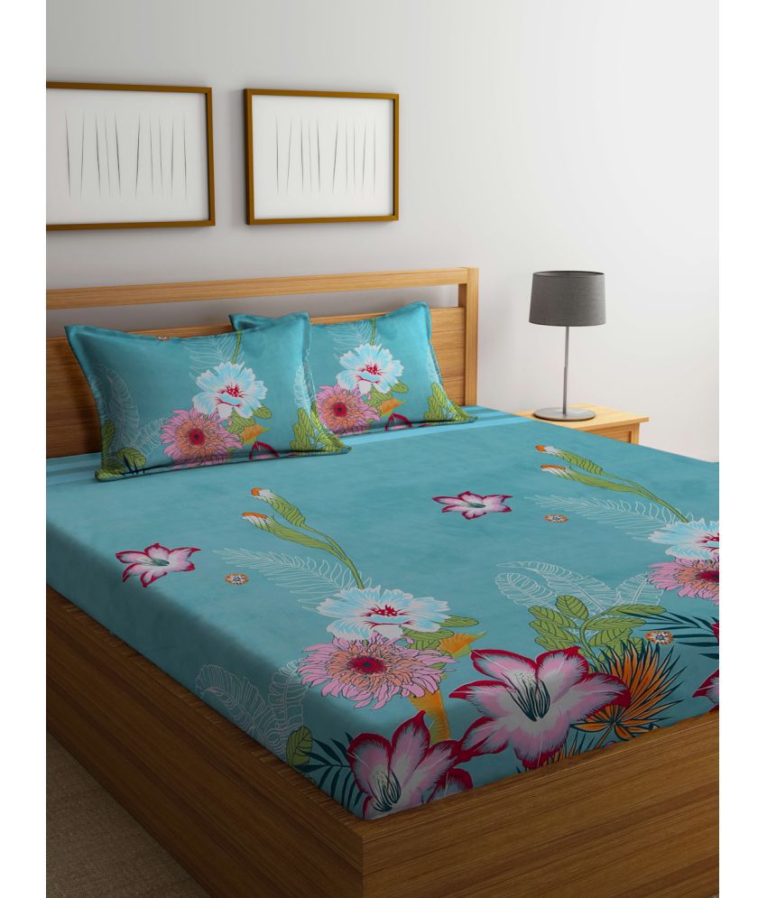     			FABINALIV Poly Cotton Floral 1 Double Bedsheet with 2 Pillow Covers - Teal