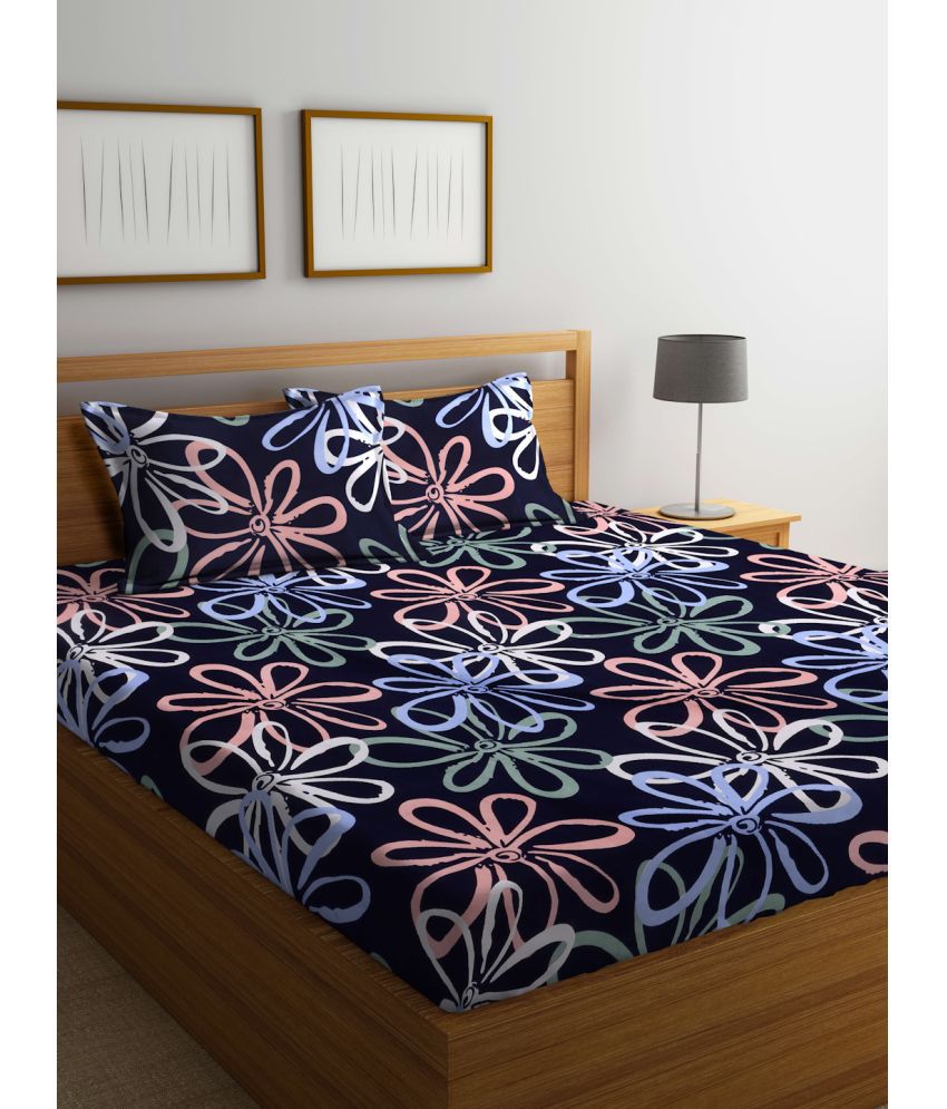     			FABINALIV Poly Cotton Floral 1 Double Bedsheet with 2 Pillow Covers - Blue
