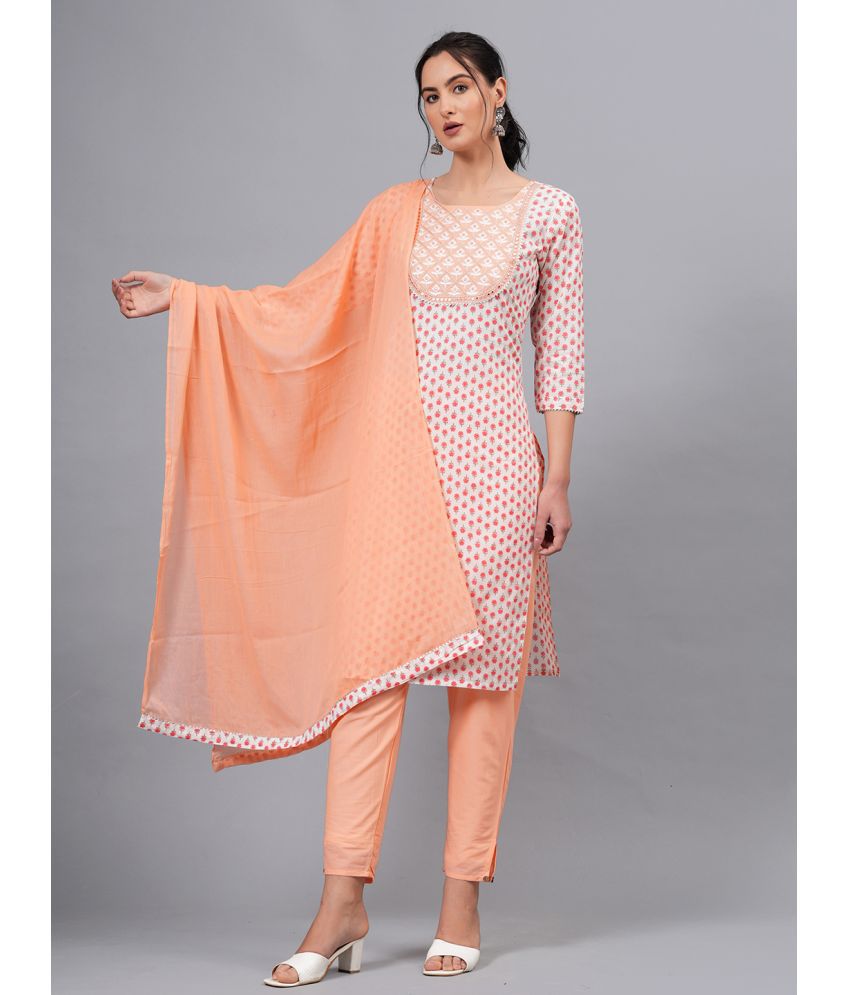     			HIGHLIGHT FASHION EXPORT Cotton Self Design Kurti With Pants Women's Stitched Salwar Suit - Peach ( Pack of 1 )